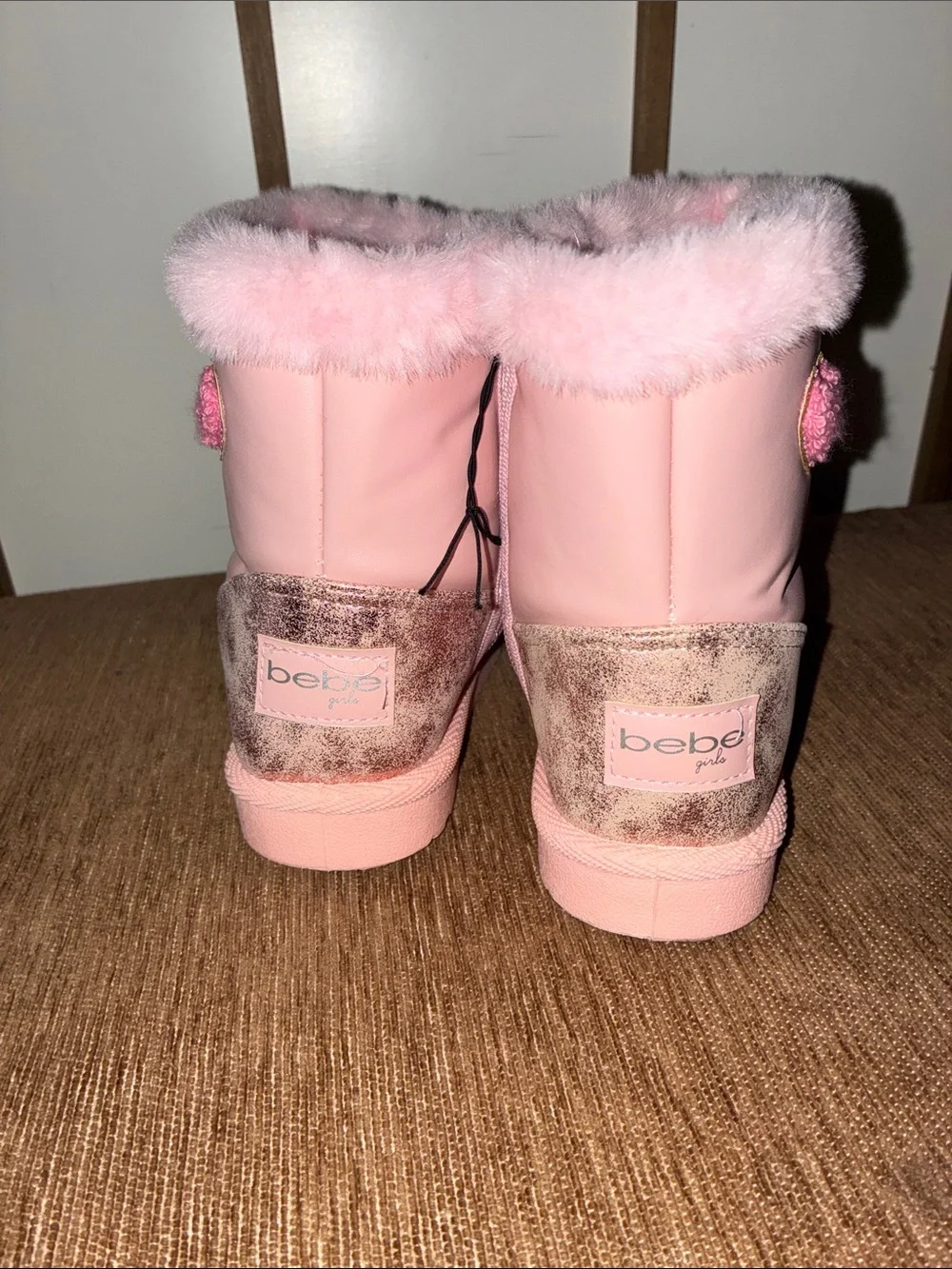 bebe Pink Faux-Fur Trim Butterfly Boots